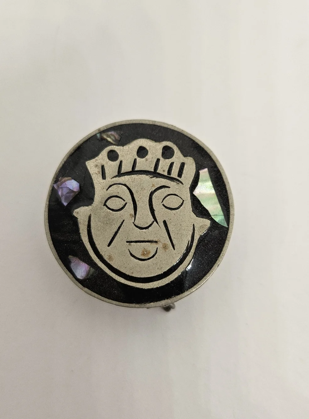 Trinket Pill Box Alpaca Silver Hecho En Mexico Abalone Aztec Sun God Warrior